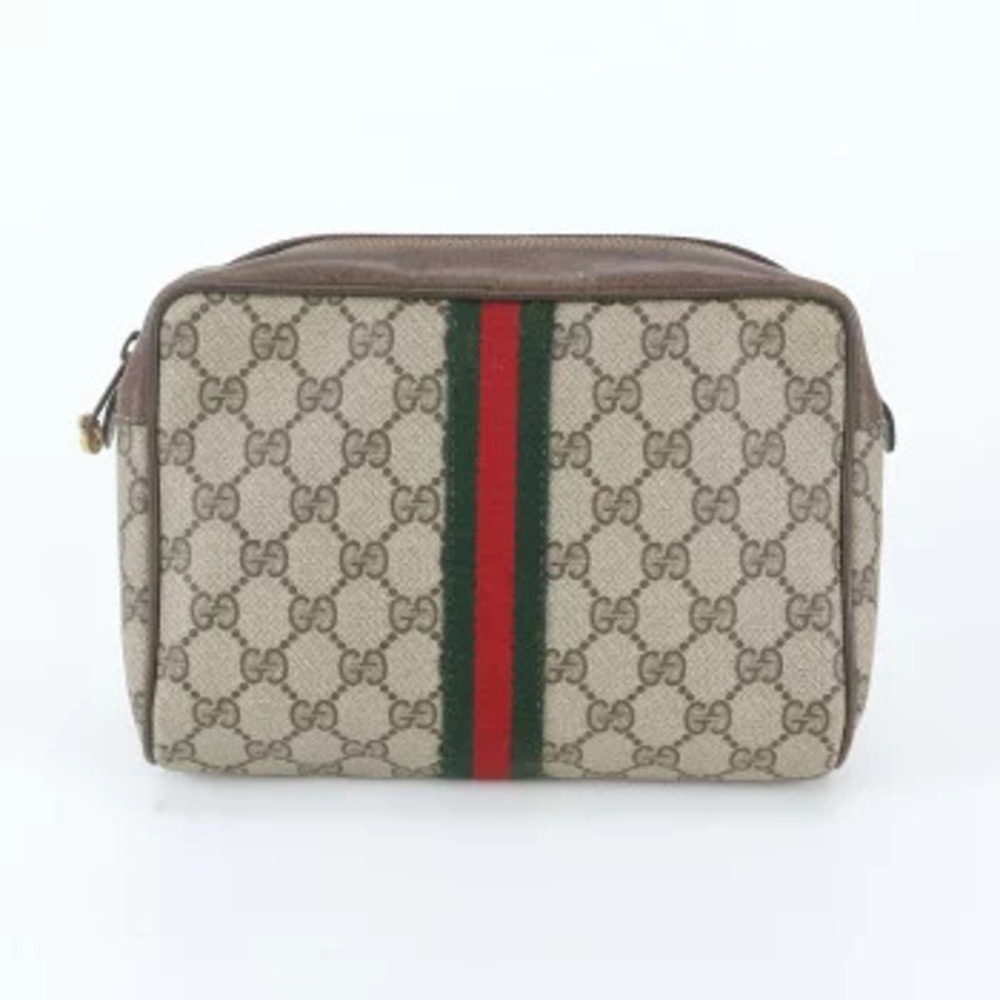Gucci GG Supreme Sherry Web Stripe Clutch Shoulder Bag Canvas Beige Brown